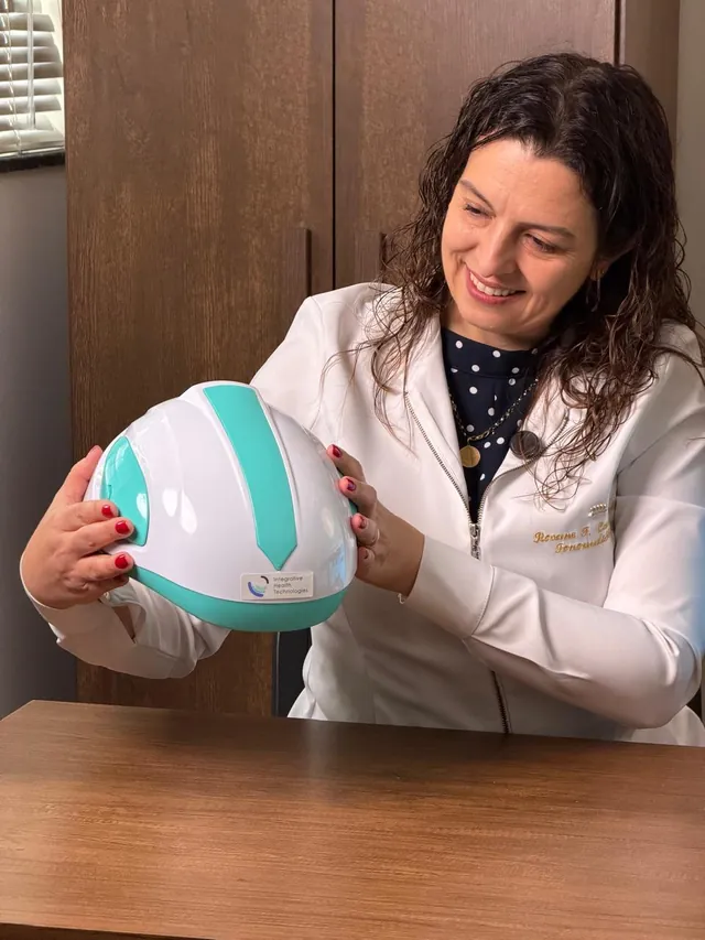 Rosane segurando o capacete de fotobiomodulação